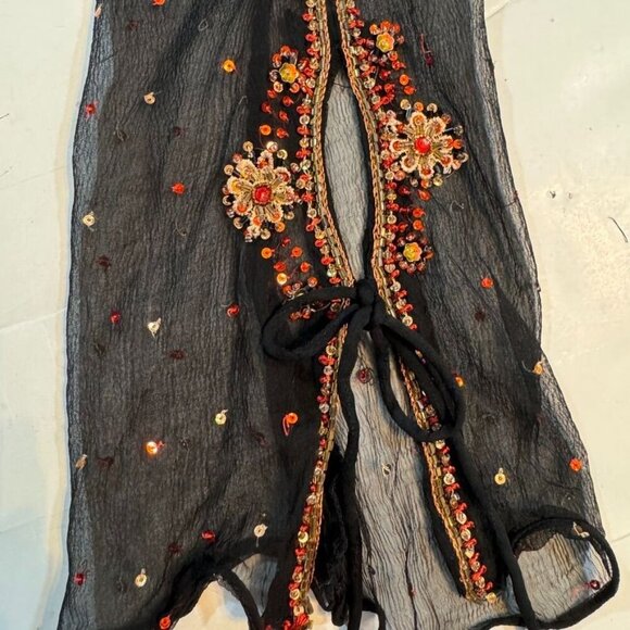 Vintage Beaded Sequined Sheer Tunic Top Size XL Black Multi Split‎ Tie Sleeves - Picture 6 of 14